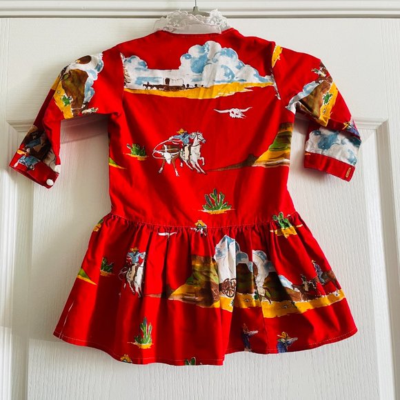 Vintage Western Print Girls Cotton Lace Collar Dress Flaw Size 5 - Picture 8 of 10